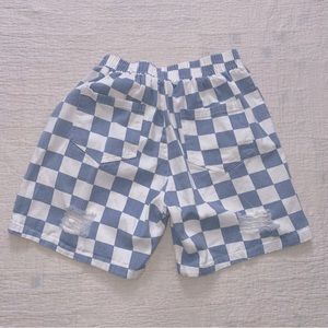 Cider Dusty Blue Long Baggy Checkered Checkerboard Shorts Distressed M/L 26-35in